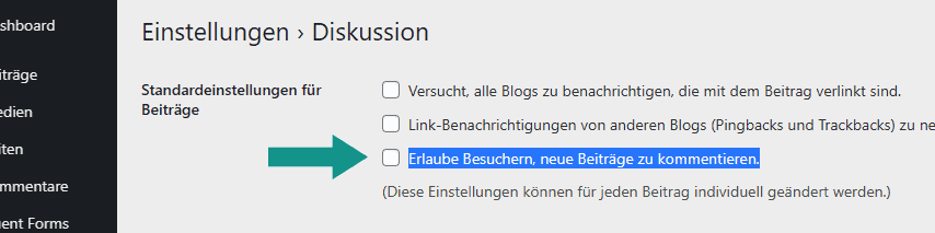 Kommentarfunktion deaktivieren