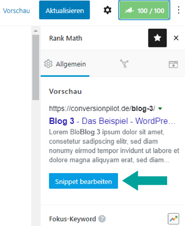 SEO Optimierungsscore und Snippet bearbeiten