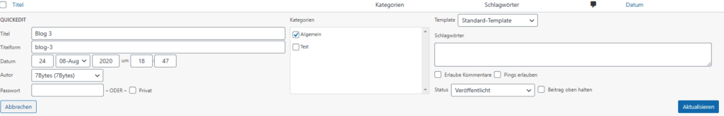 Einstellungen im Quick Edit Modus