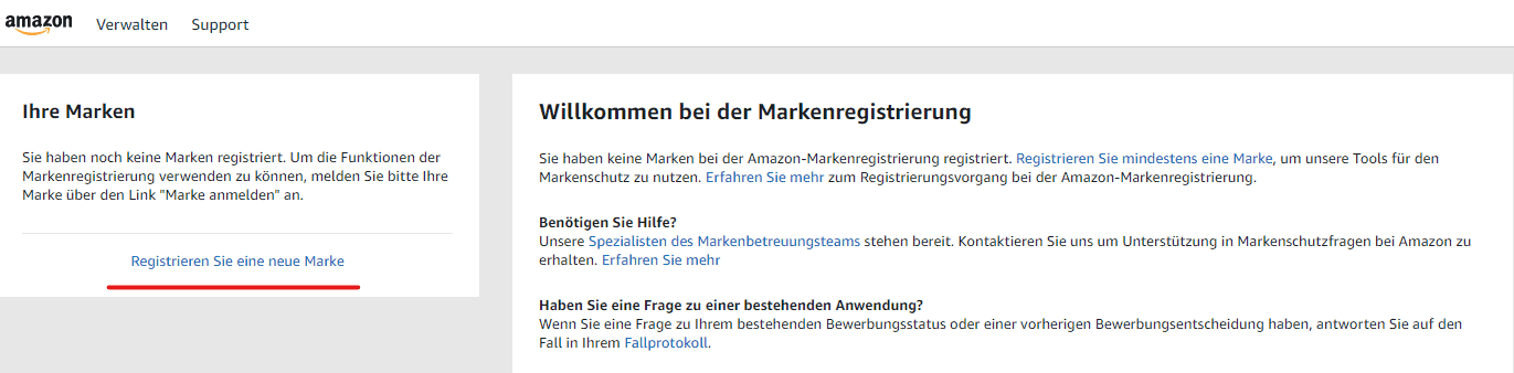 Startbildschirm der Amazon Markenregistrierung.