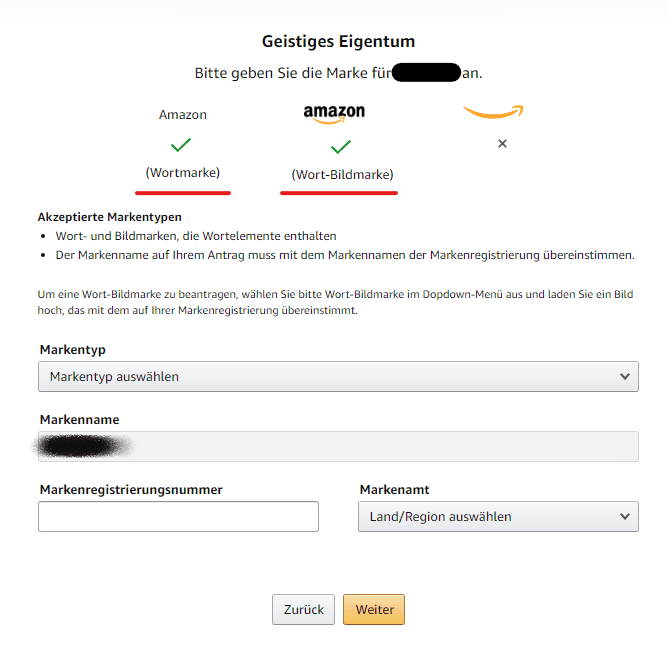 Auswahl Markentyp Auswahl des Markentyps bei einer Markenregistrierung auf Amazon