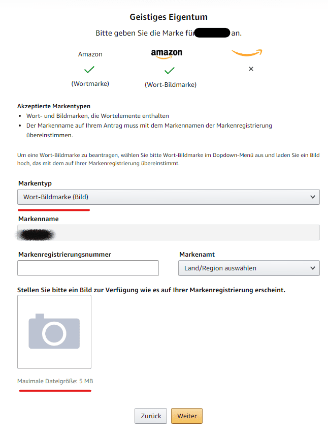 Zusatzinformationen einer Wort-Bild Marke Beschreibung des Markentyps ihrer Markenregistrierung auf Amazon